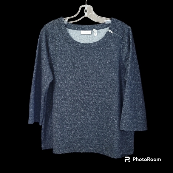 ❤️Chico's Weekend black silver metallic crewneck zipper detail 3/4 sleeve top - Picture 3 of 7
